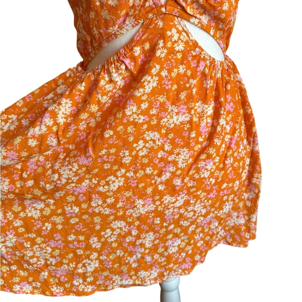 Sky To Moon Floral Cut Out Tie Back Orange Mini Dress Size L - Picture 5 of 17